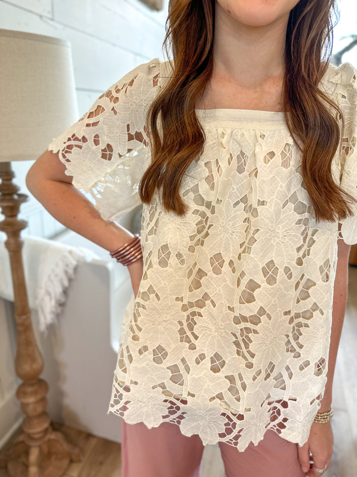 creamy color flower overlay square neck top