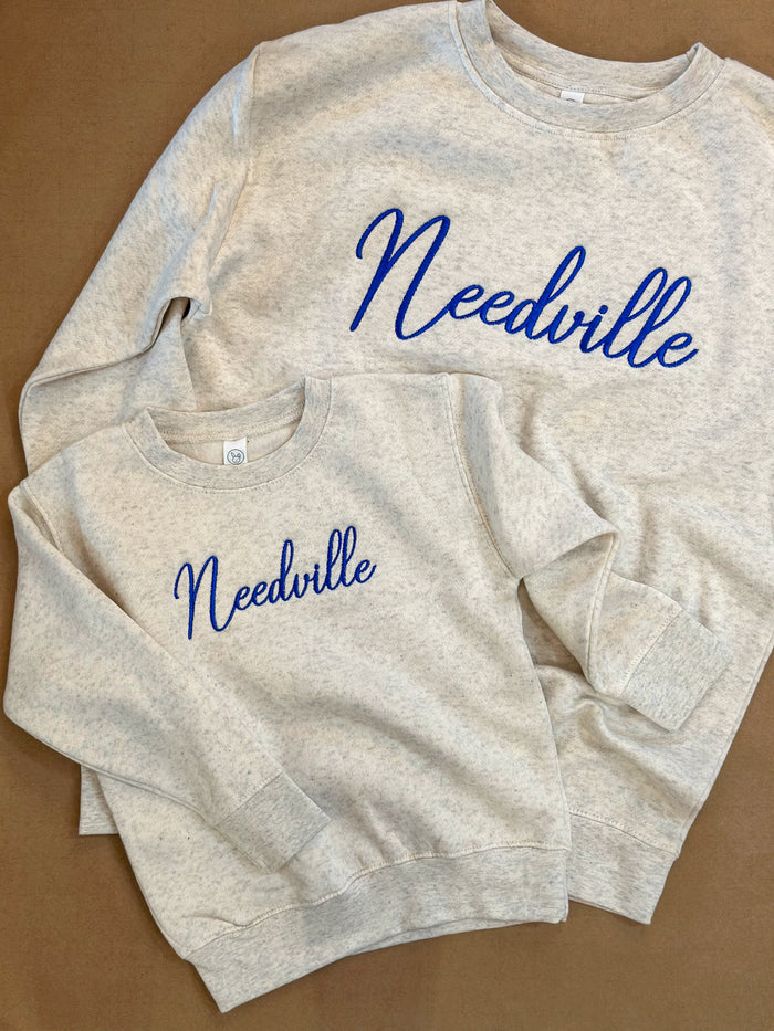 kid size natural color heather pullover with needville embroidered 