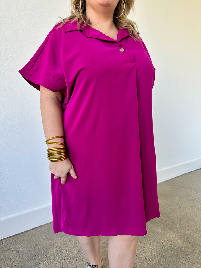magenta pink plus size dress with top buttons and collar