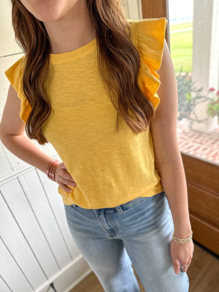 yellow color basic top with ruffle sleeves