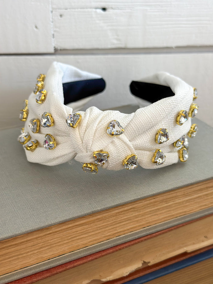 white knot headband with heart rhinestones