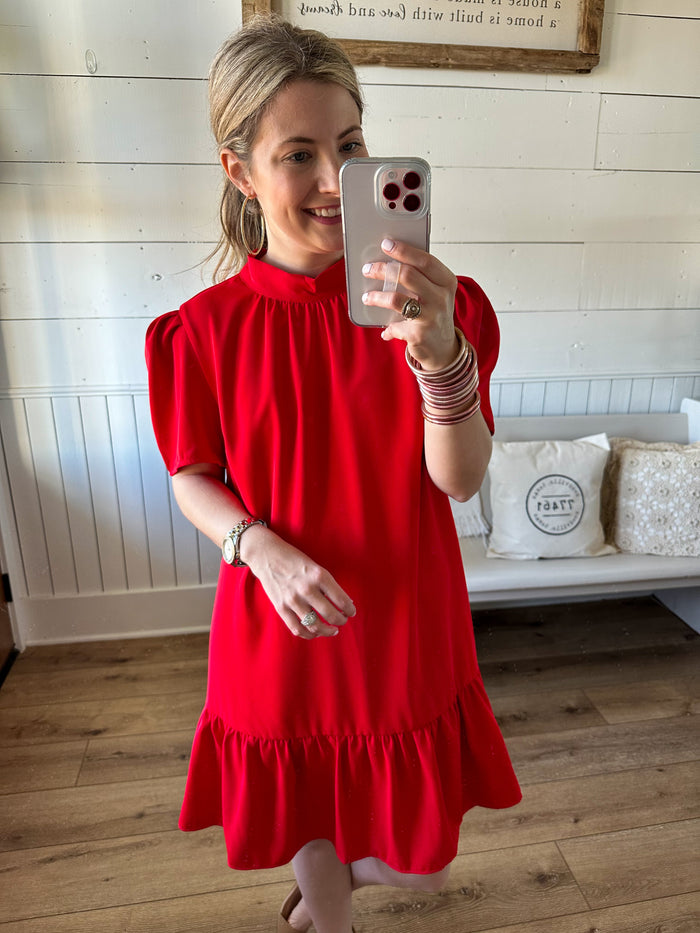 red puff sleeve ruffle dress