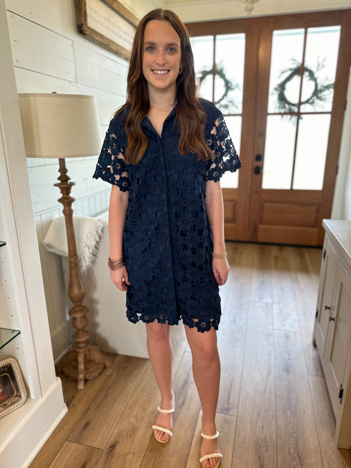 navy flower overlay dress with buttons