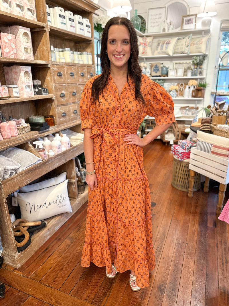 coral orange block print maxi dress ashley dress layerz clothing 