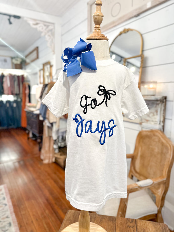 White t-shirt with 'Go Jays' text on a mannequin in a store setting youth tee
