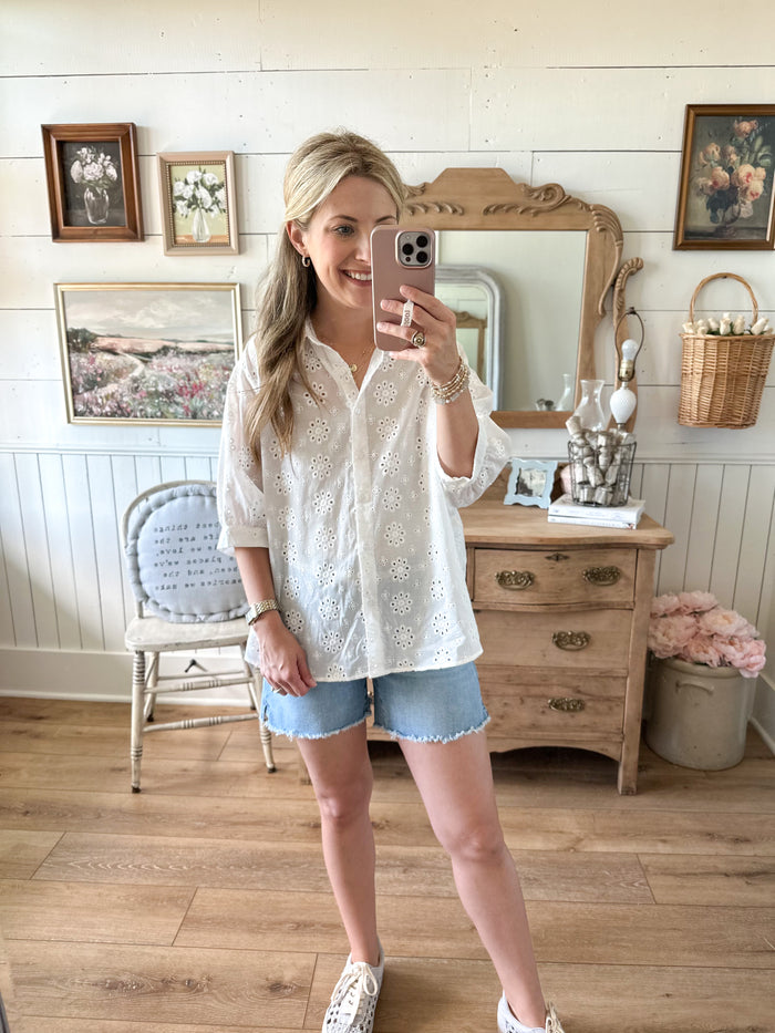 white eyelet lace button down top untucked 