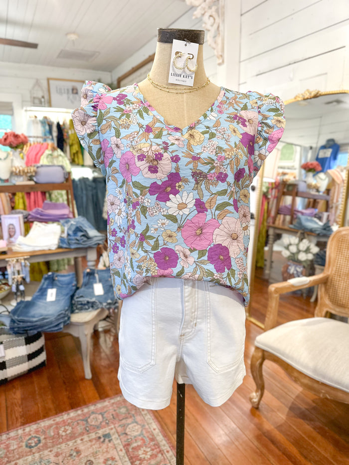 floral blouse with purple and blues 