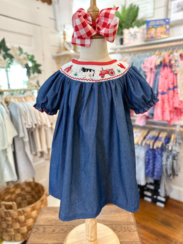 denim blue style dress with farm them embroidered along collar line toddler sizes 