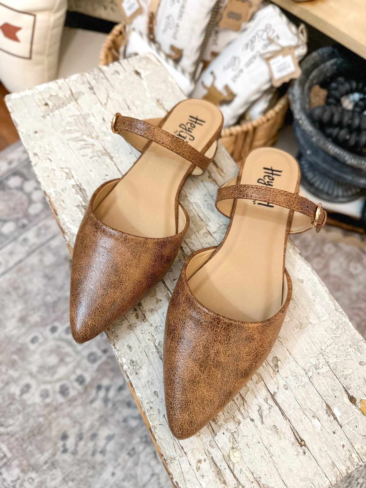 Brown pointed-toe shoes with brown straps on a wooden surface. corkys footwear 