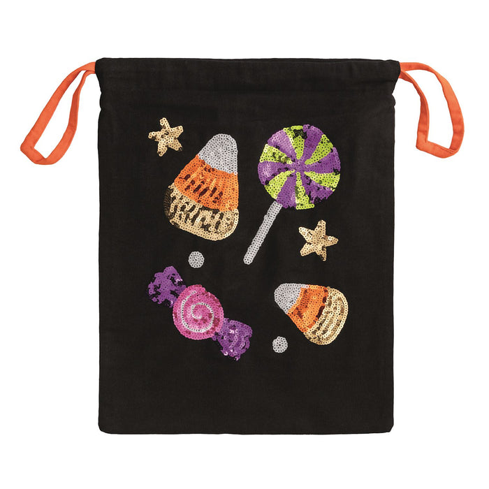 Black drawstring bag with Halloween-themed sequin designs on a white background