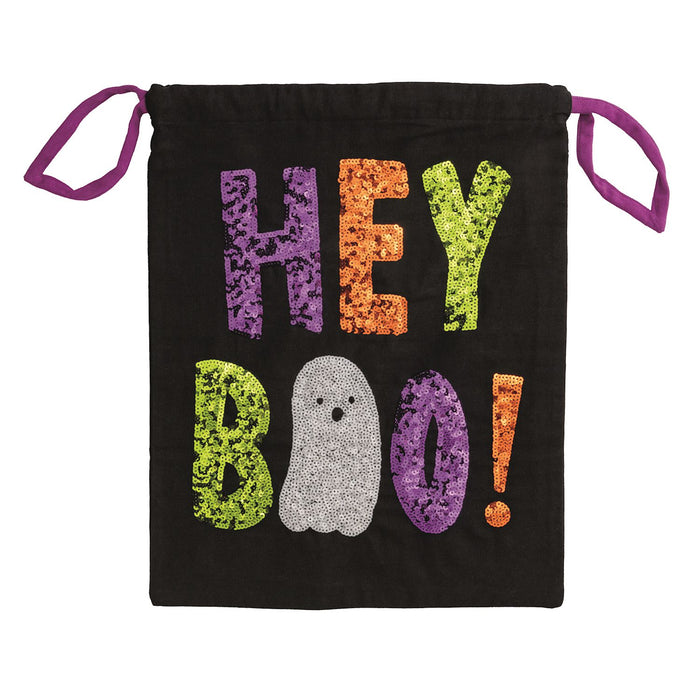 Black drawstring bag with colorful 'HEY BOO!' text and ghost graphic on a white background