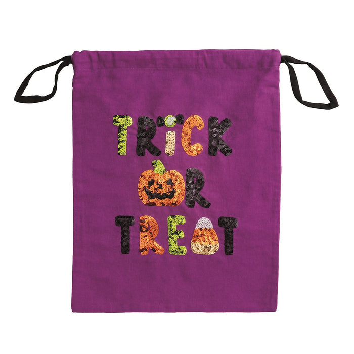 purple bag with trick or treat in sequins and drawstring tie 