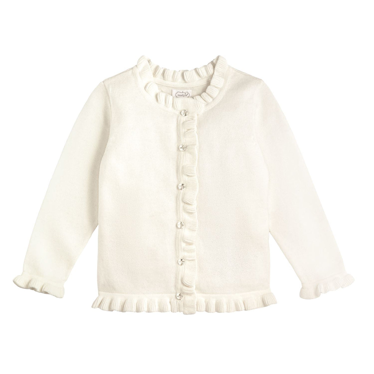 White baby cardigan with ruffled details on a white background mud pie 