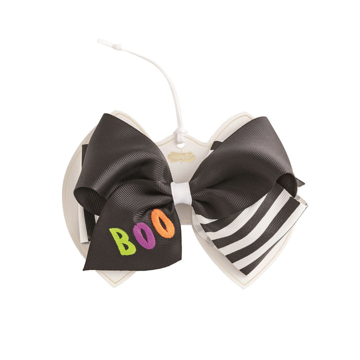 Black and white striped hair bow with 'BOO' text on a white background