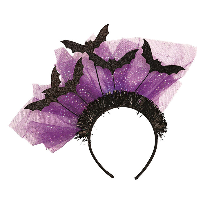 Purple and black headband with bat wings on a white background