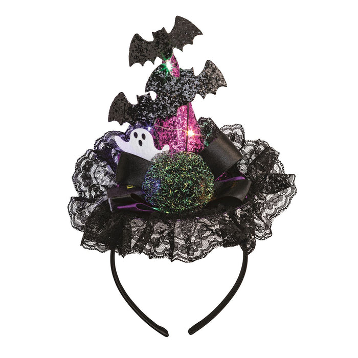 Halloween-themed headband with bats, ghost, and glittery accents on a white background
