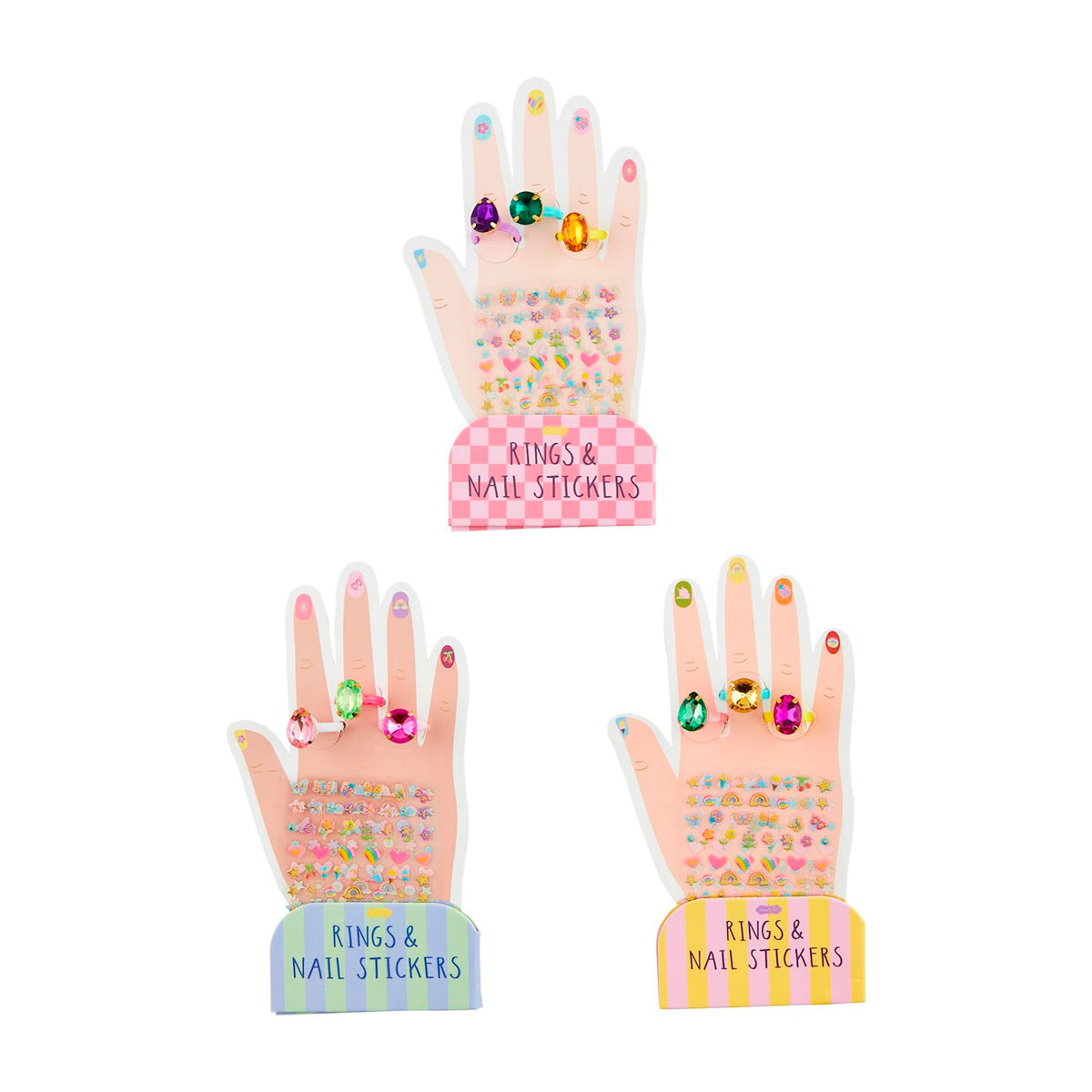 Three decorative hand-shaped boards with rings and nail stickers on a white background mud pie