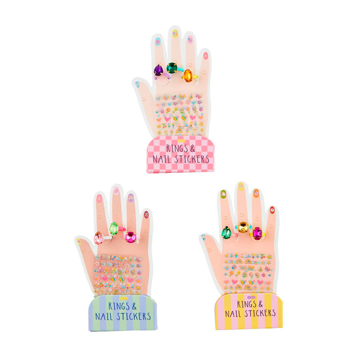 Three decorative hand-shaped boards with rings and nail stickers on a white background mud pie