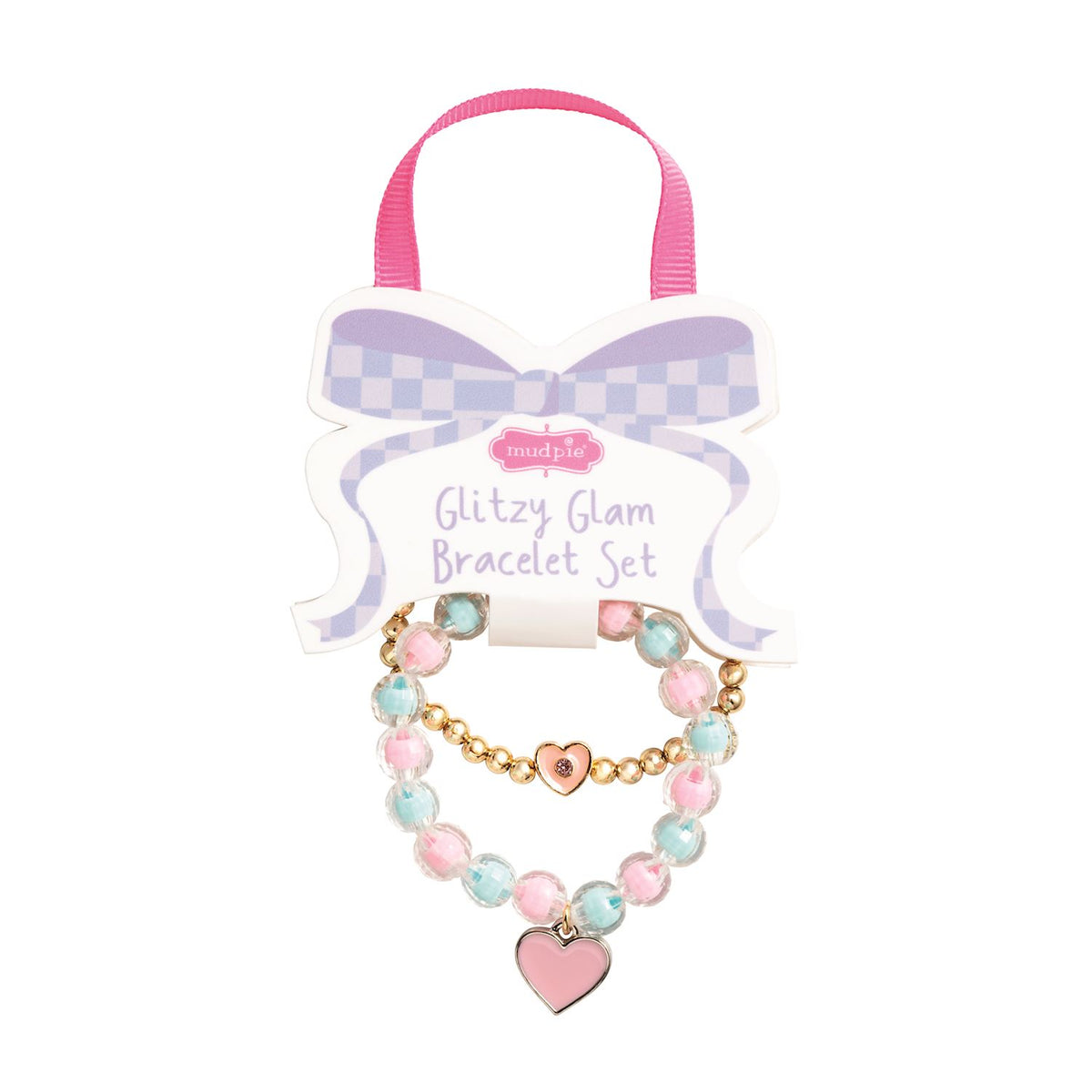 Glitzy Glam Bracelet Set with pink and gold heart charm on a white background