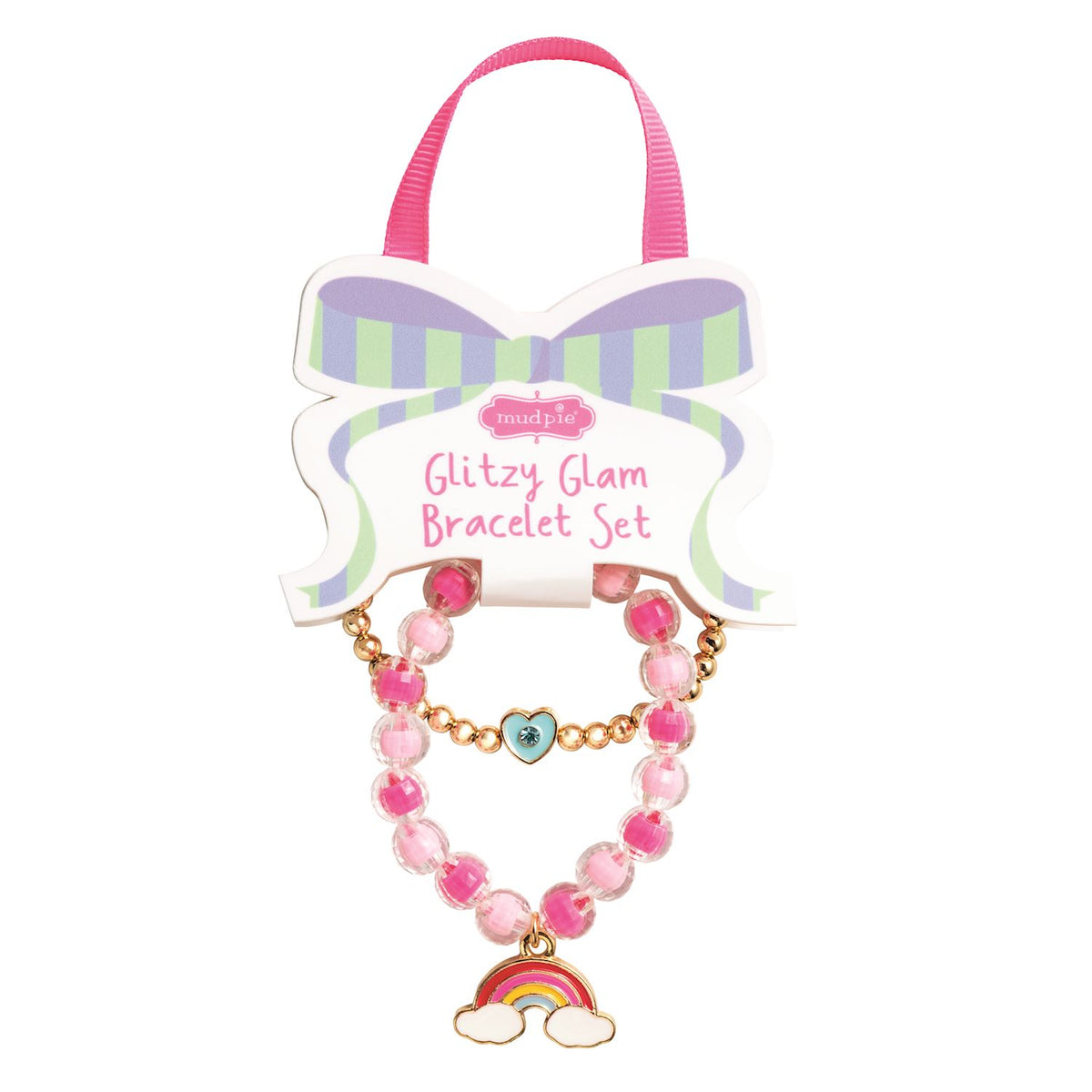 Glitzy Glam bracelet set with pink beads and rainbow charm on a white background