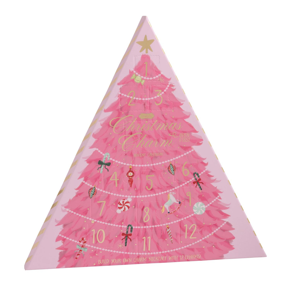 Pink Christmas tree-shaped advent calendar with numbers and festive designs on a white background mud pie 
