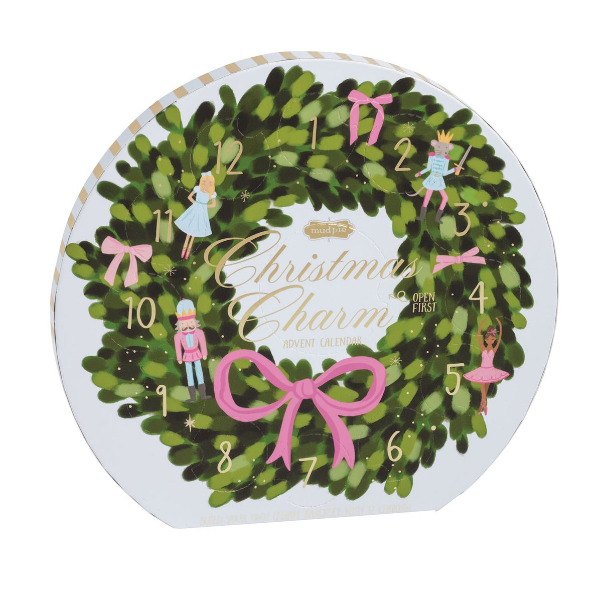 Circular Advent calendar with Christmas wreath design and small illustrated figures. mud pie wreath advent calendar 