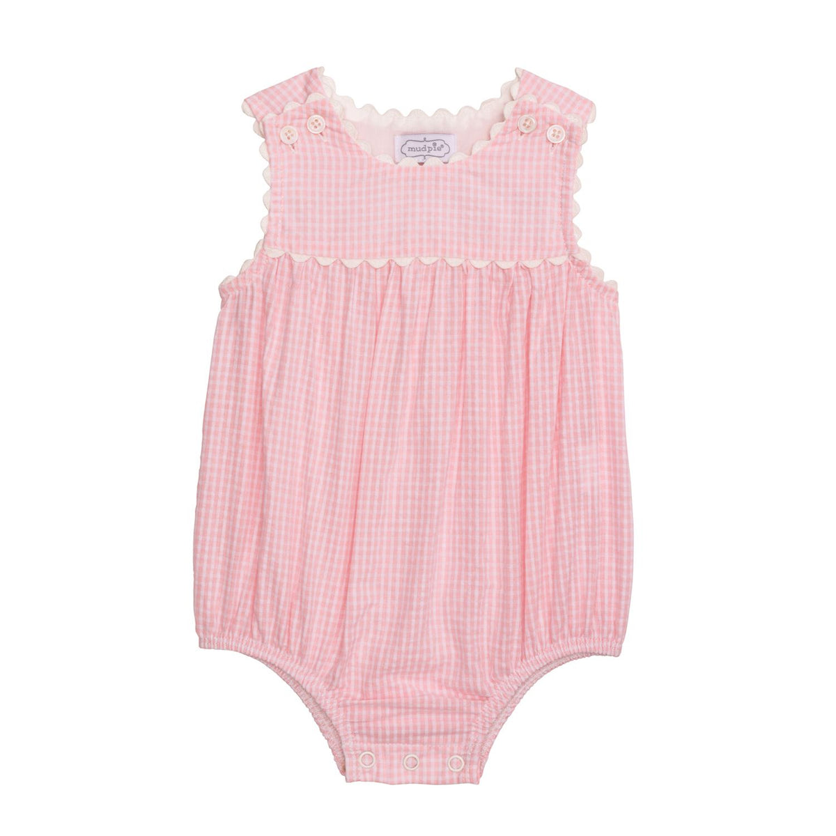 Pink checkered baby romper with lace details on a white background mud pie 