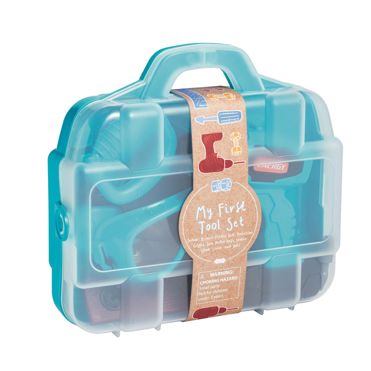 Children's toy tool set in a blue case with a label on a white background