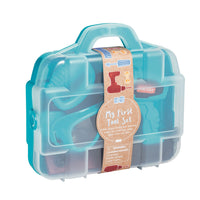 Children's toy tool set in a blue case with a label on a white background