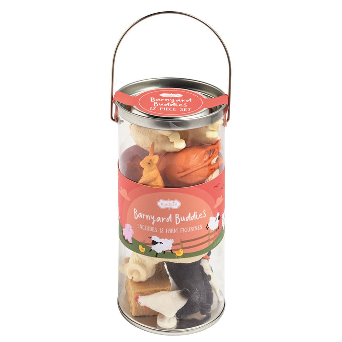 Cylindrical gift basket with toys labeled 'Barnyard Buddies' on a white background