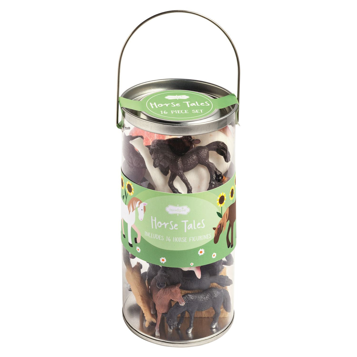 A clear cylindrical storage container with a metal handle and green label reading 'Horse Tales 16-piece set,' filled with assorted horse figurines in black, brown, white, and tan, on a white background.