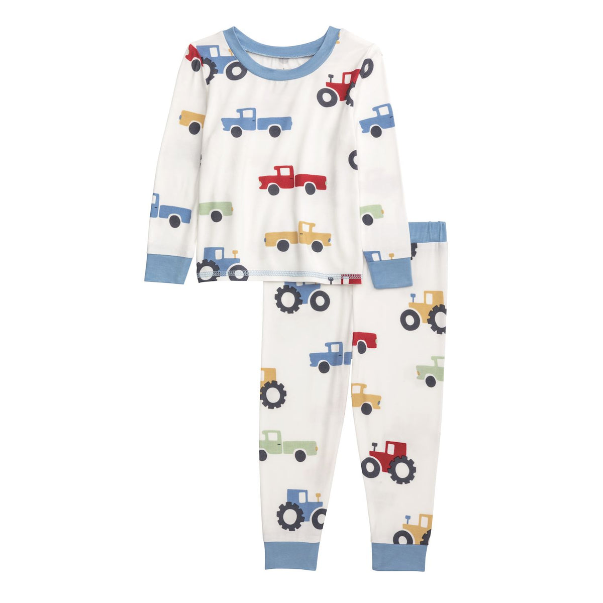 Children's pajama set with vehicle pattern on a white background