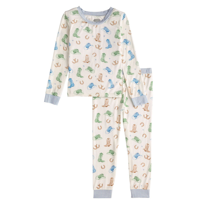 Children's pajama set with cowboy boot and horseshoe pattern on a white background