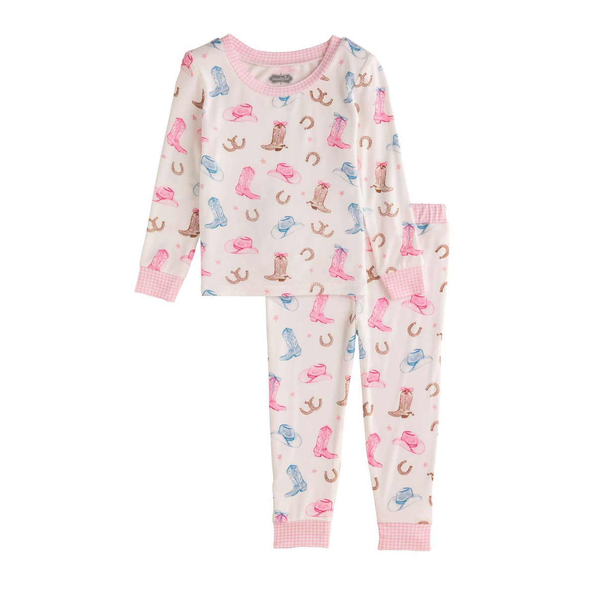 Children's pajama set with cowboy boot pattern on a white background mud pie 10860174
