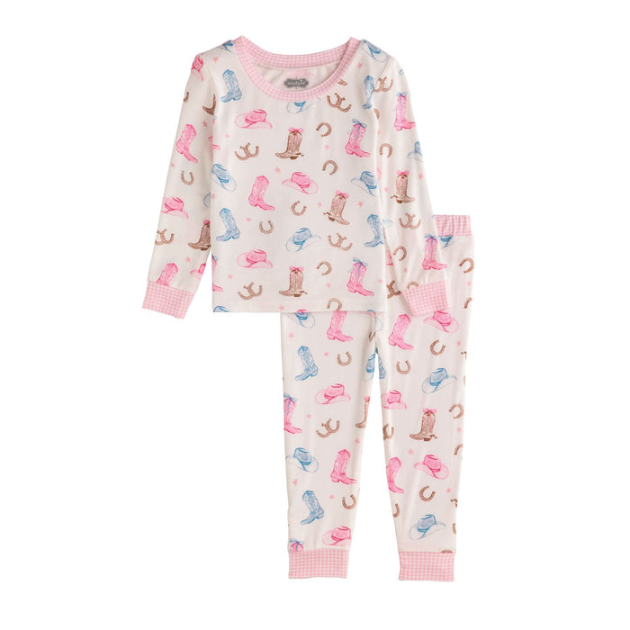 Children's pajama set with cowboy boot pattern on a white background mud pie 10860174
