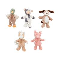 Set of five small plush toys on a white background