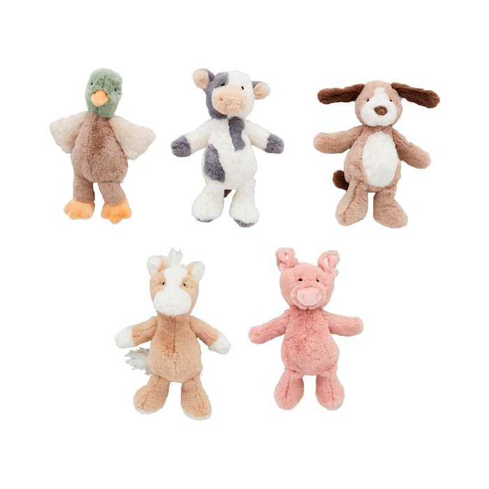 Set of five small plush toys on a white background