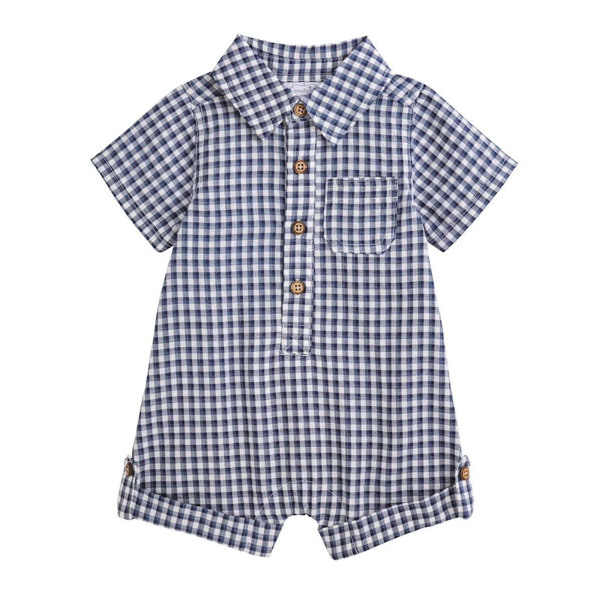 Blue and white checkered romper with buttons on a white background