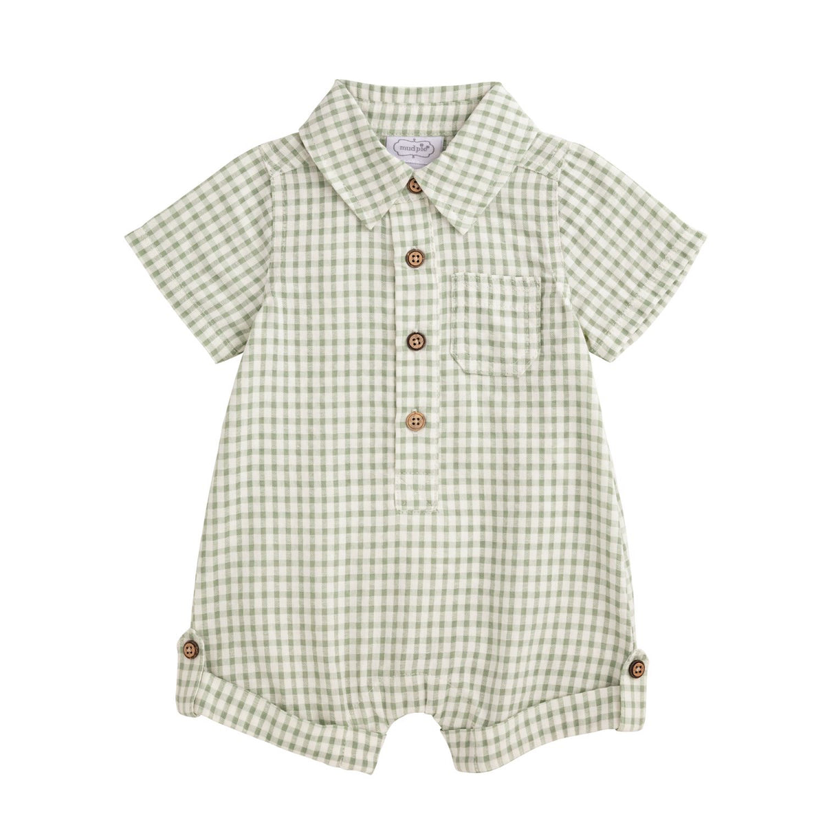 Green checkered baby romper with buttons on a white background