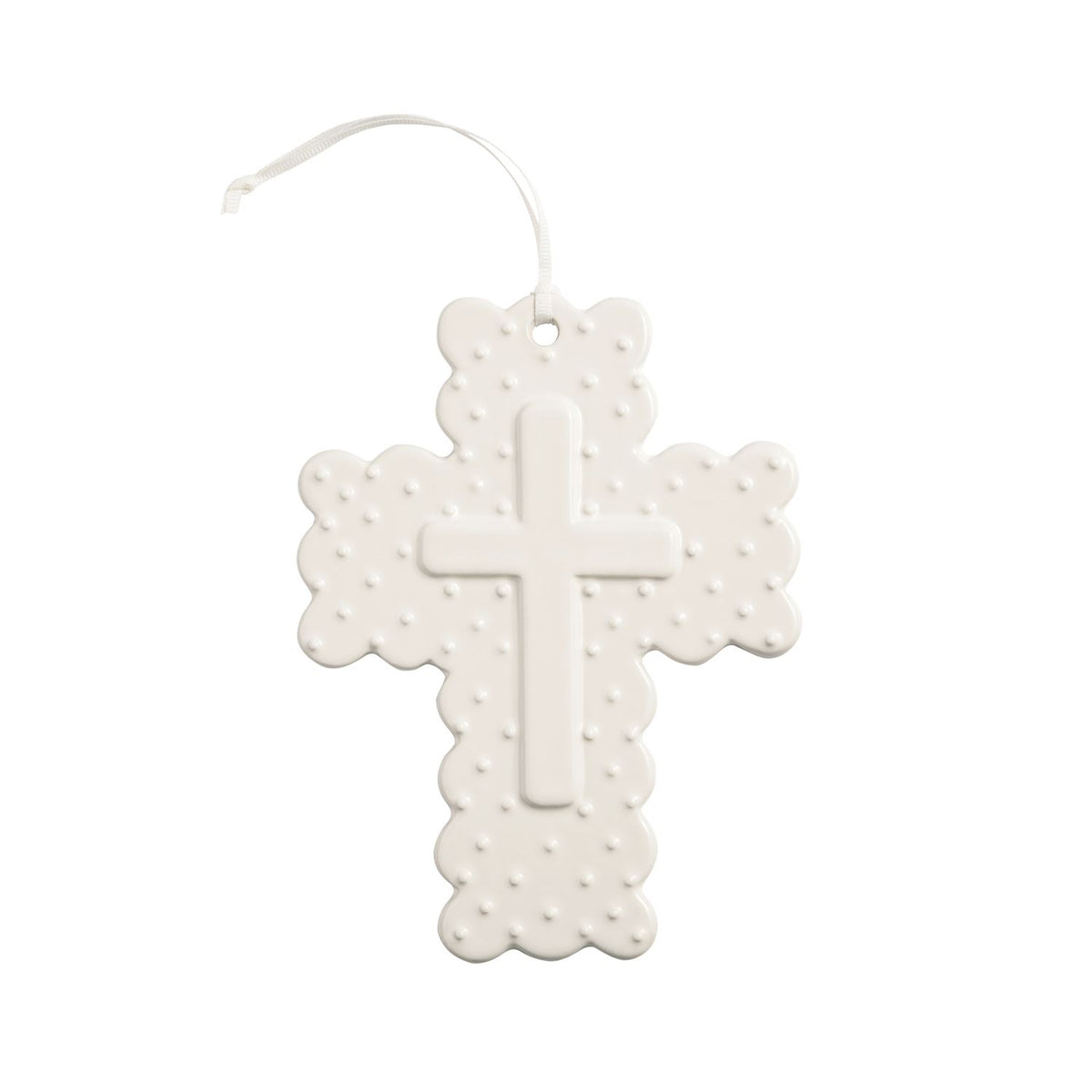White cross with dot details on a white background mud pie 