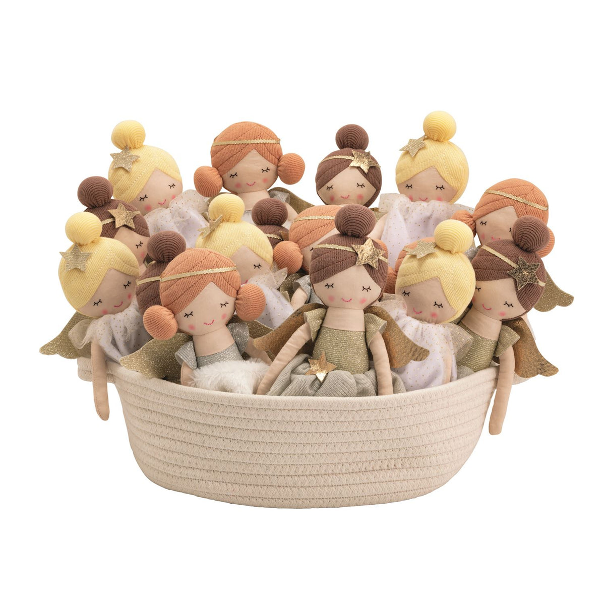 Set of small dolls with different hairstyles arranged in a woven basket on a white background