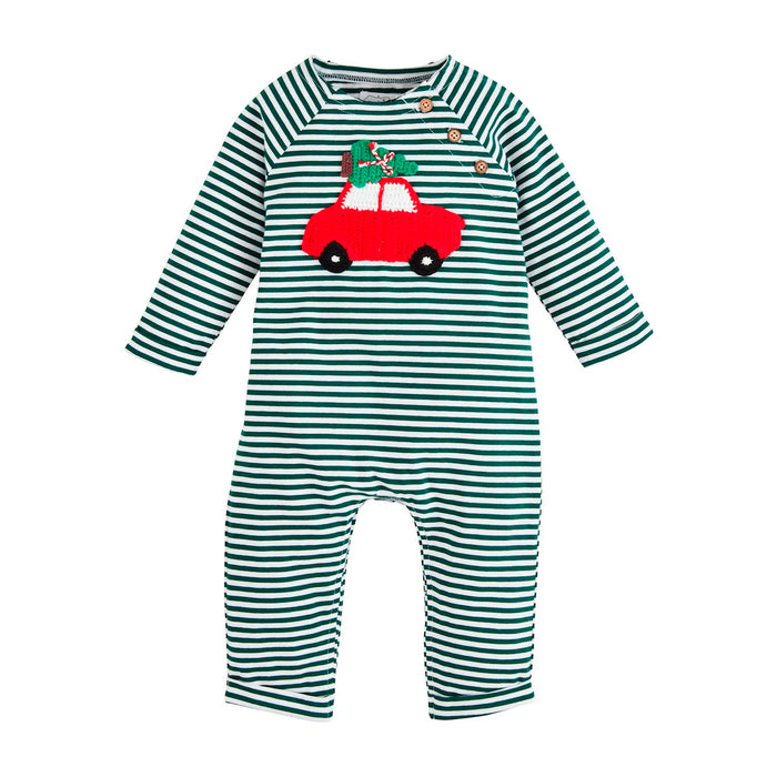  mud pie infant green stripe one piece with red crochet car on the front holiday wear