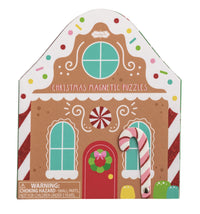 Gingerbread house-shaped Christmas magnetic puzzles packaging with colorful design.