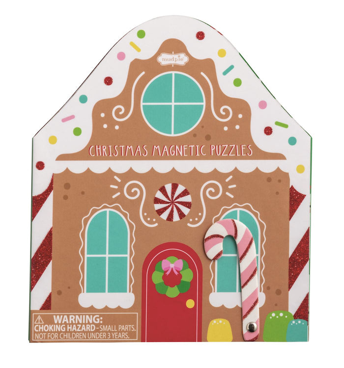 Gingerbread house-shaped Christmas magnetic puzzles packaging with colorful design.