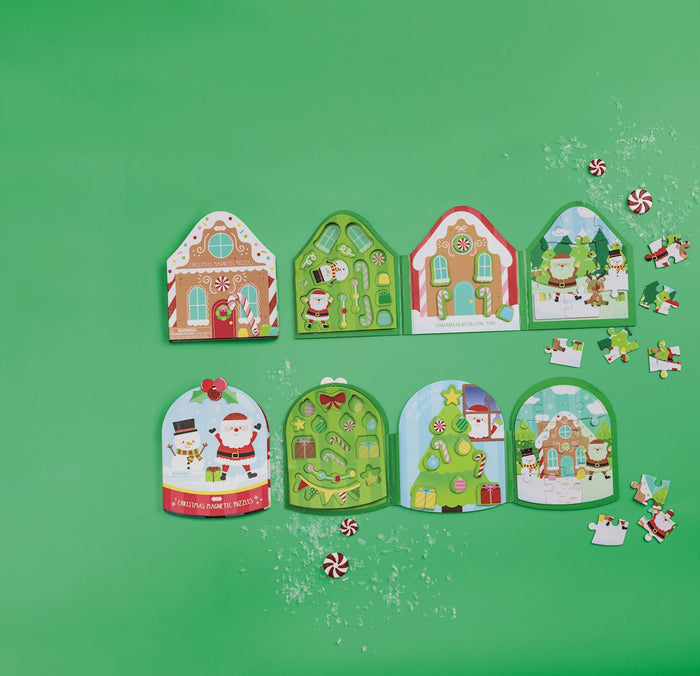 Set of Christmas-themed house-shaped cards on a green background
magnetic puzzle 
