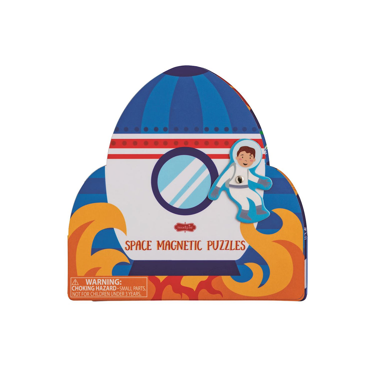 Space-themed magnetic puzzle packaging with an astronaut and rocket design on a white background.