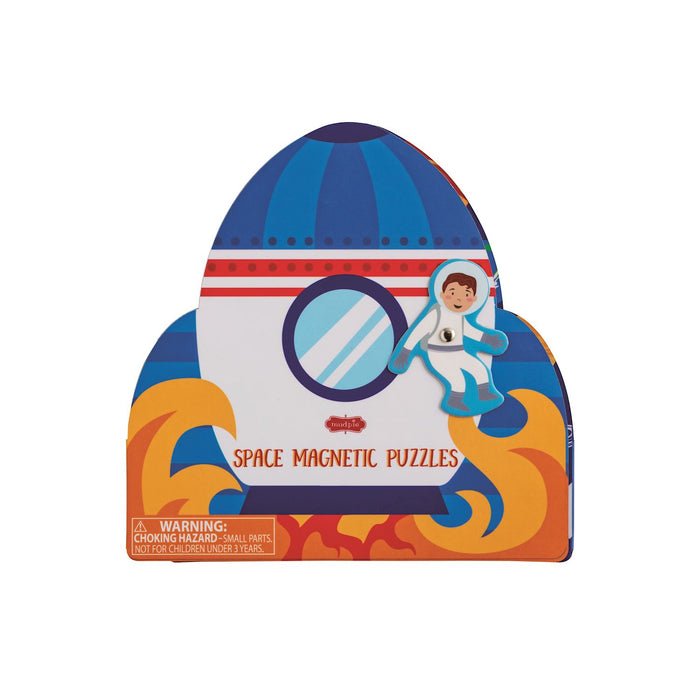 Space-themed magnetic puzzle packaging with an astronaut and rocket design on a white background.