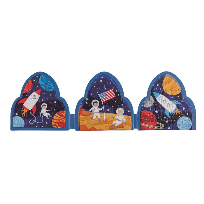 Three space-themed children's books with astronauts, rockets, and planets on a white background.