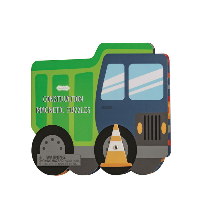 Construction-themed magnetic puzzles with a truck and traffic cone on a white background