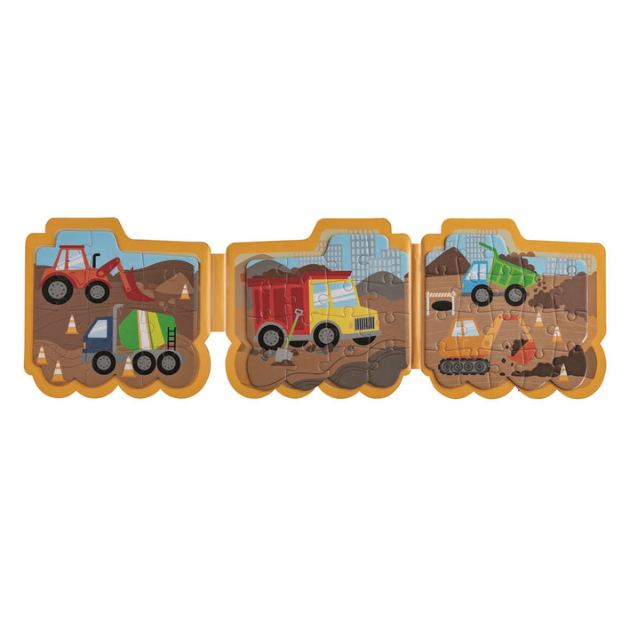 Three puzzle pieces with construction vehicle illustrations on a white background